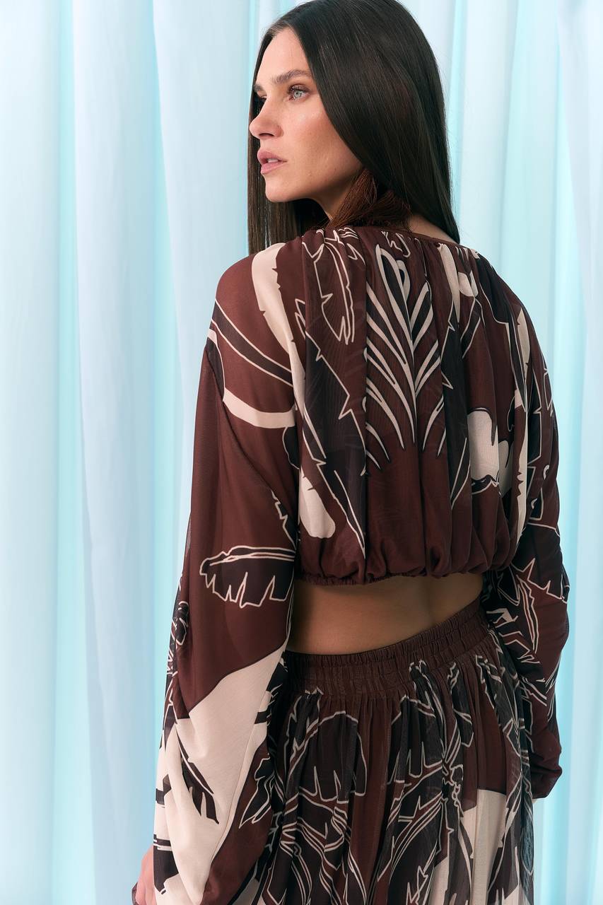Blusa Tule Manga Farta Estampa Palm - BLU2022