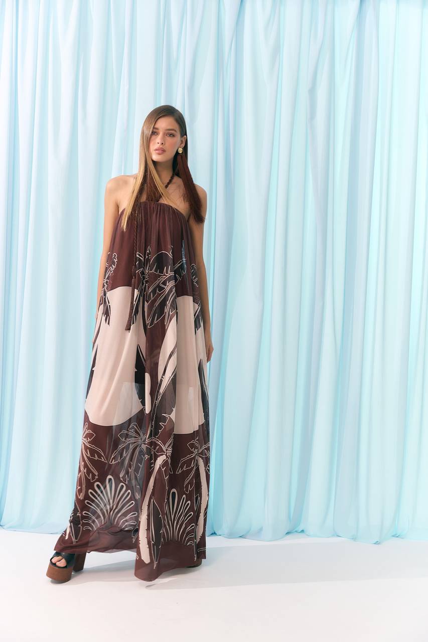 Vestido Tqc Franzido Tule - Estampa Palm VES2035