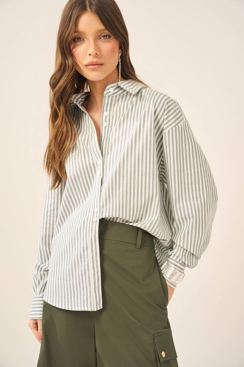 Camisa algodão Listrada Mangas Longas - Branco/verde Militar CAM0002BR/VMT
