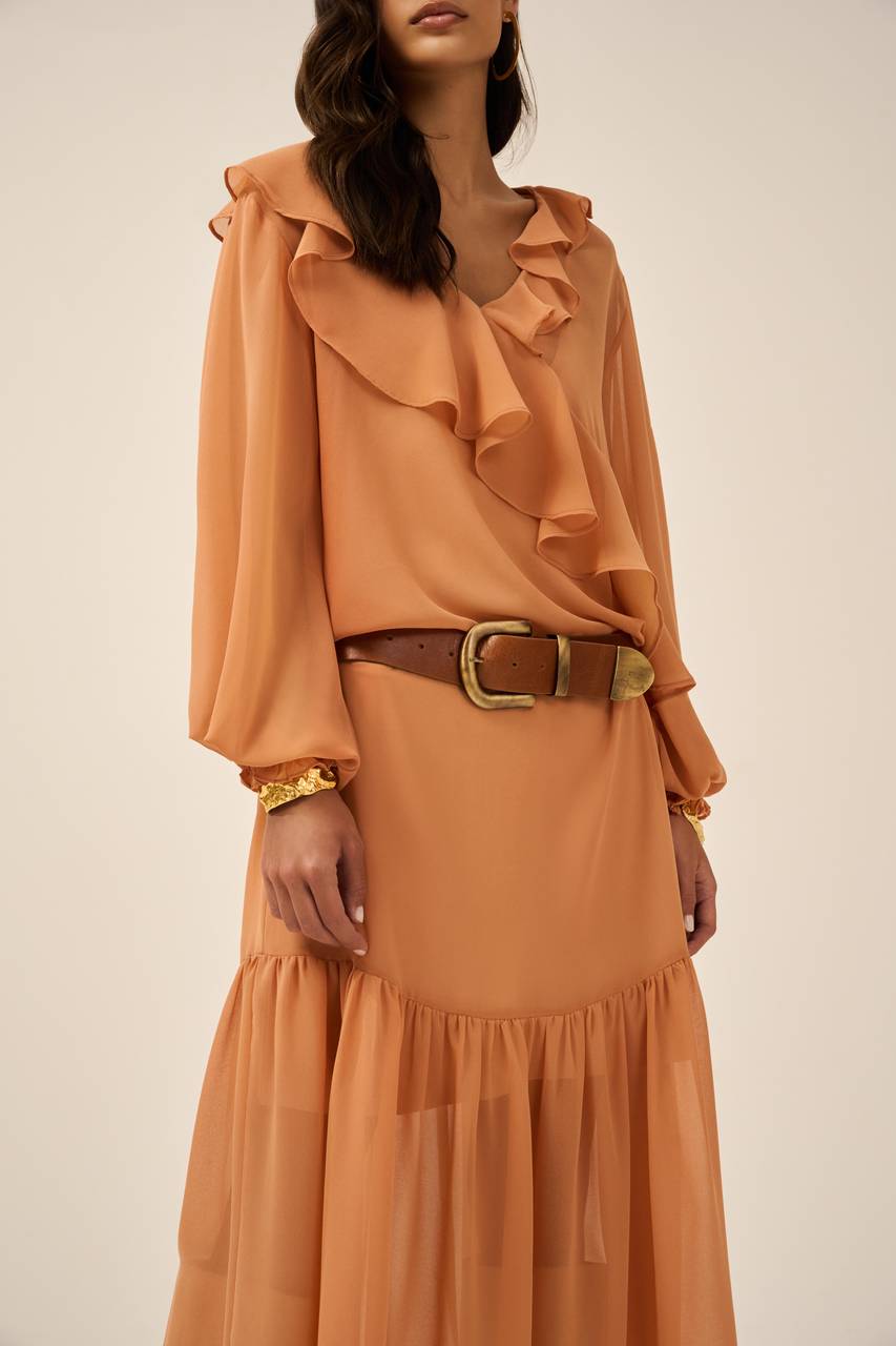 Vestido Chifon Boho Maxi Midi - Caramelo VES0001PELE