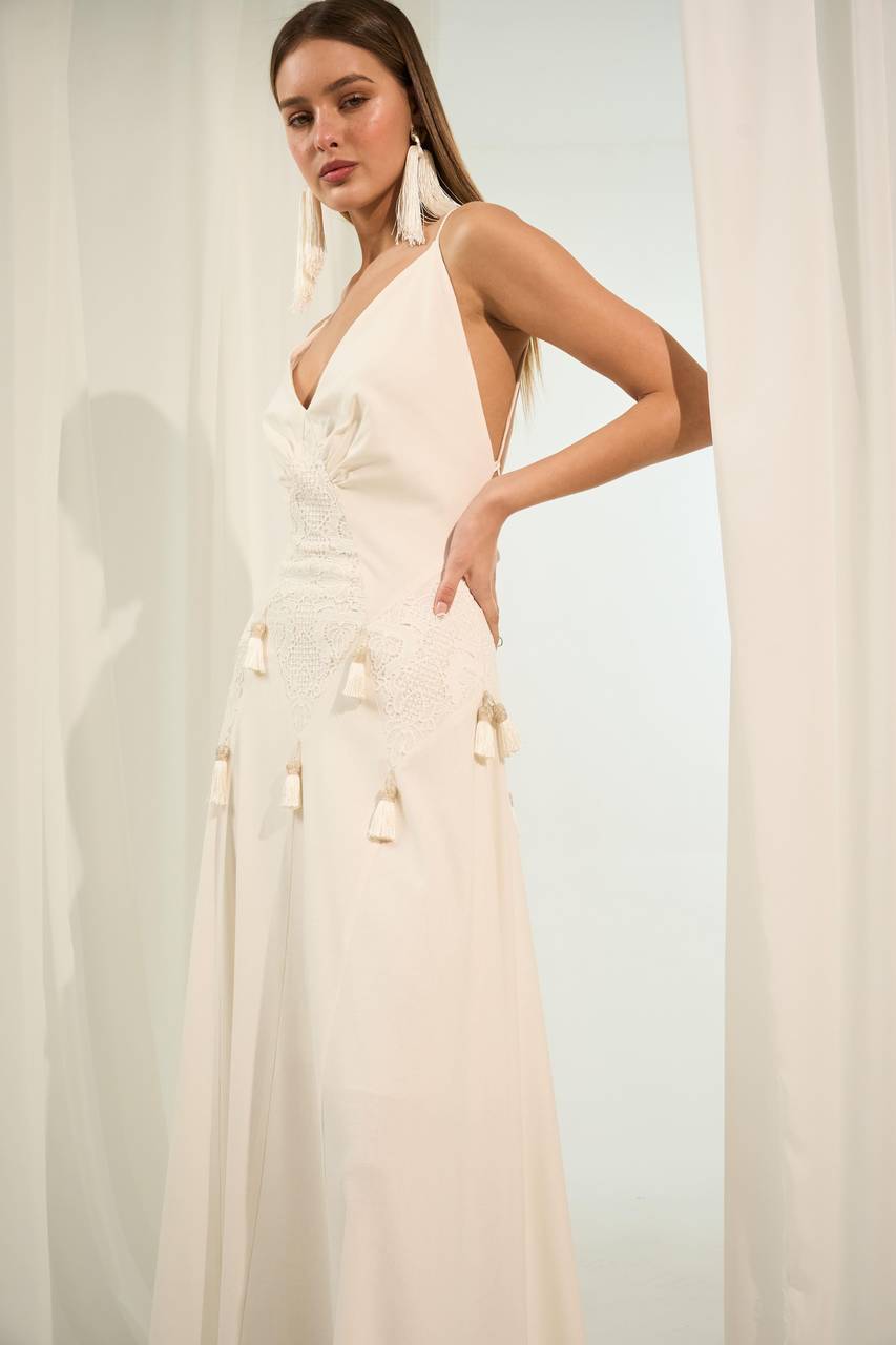 Vestido Longo Aplicação Cintura - Off White VES2003OFF