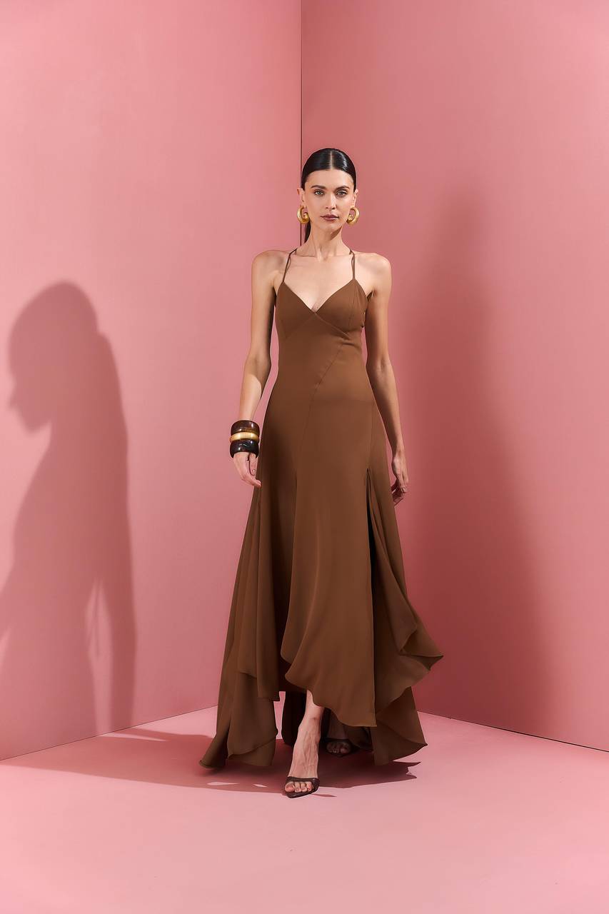 Vestido Alça Longuete Saia Recortes - Marrom VES0035MRO