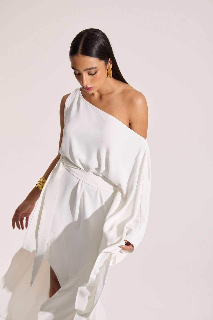 Vestido Maxi Midi Com Faixa Na Cintura - Off White VES0071OFF