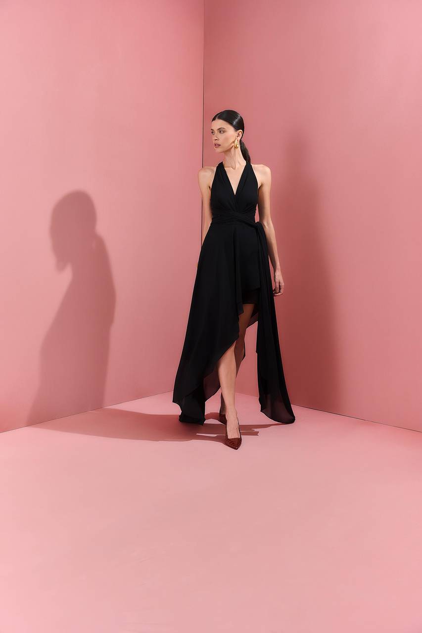 Vestido Assimétrico Maxi Amarração No Pescoço - Preto VES0059PTO