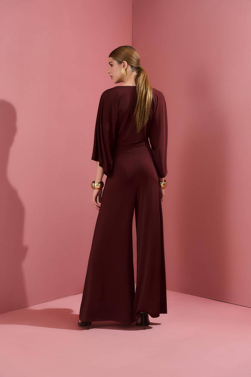 Conjunto Jersey Calça E Blusa Decote V - Tobaco CJT0028TB