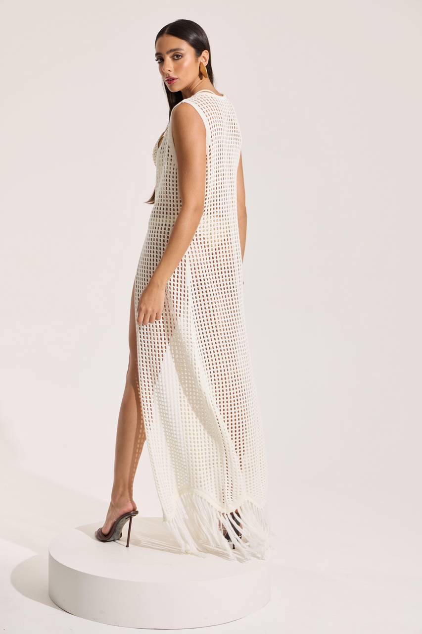 Vestido Saída Tricô Com Franjas - Off White VES0082OFF