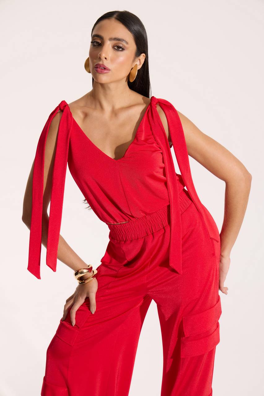 Conjunto Blusa Cropped E Calça Cargo Em Jersey - Vermelho CJT0034-VEM