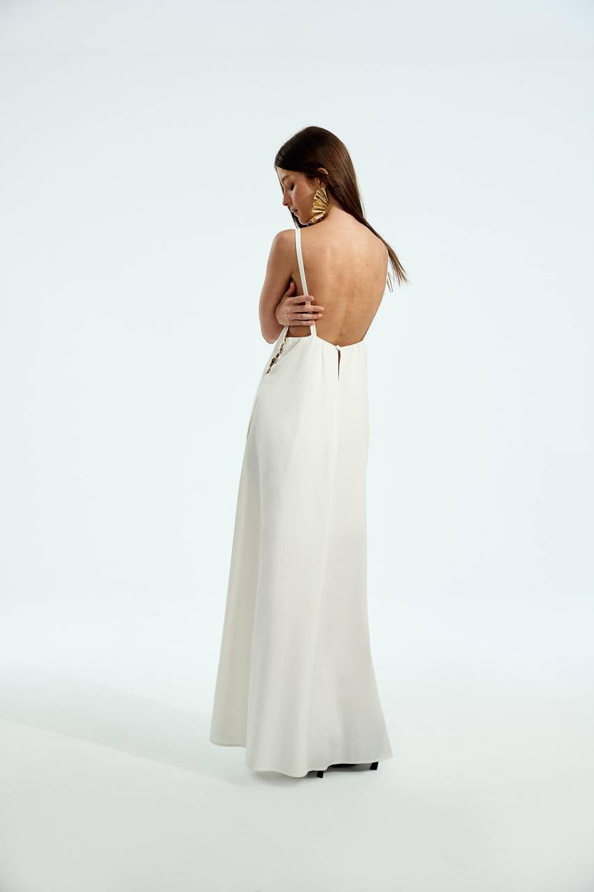 Vestido Longuete Alça Com Transparência Metal - Off White ves0017