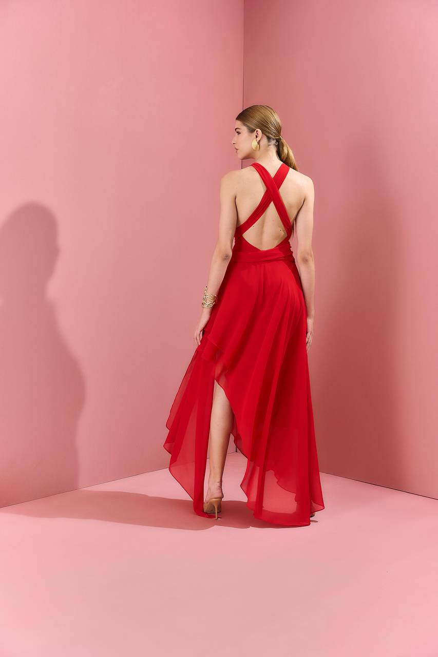 Vestido Assimétrico Maxi Amarração No Pescoço - Vermelho VES0059-VEM