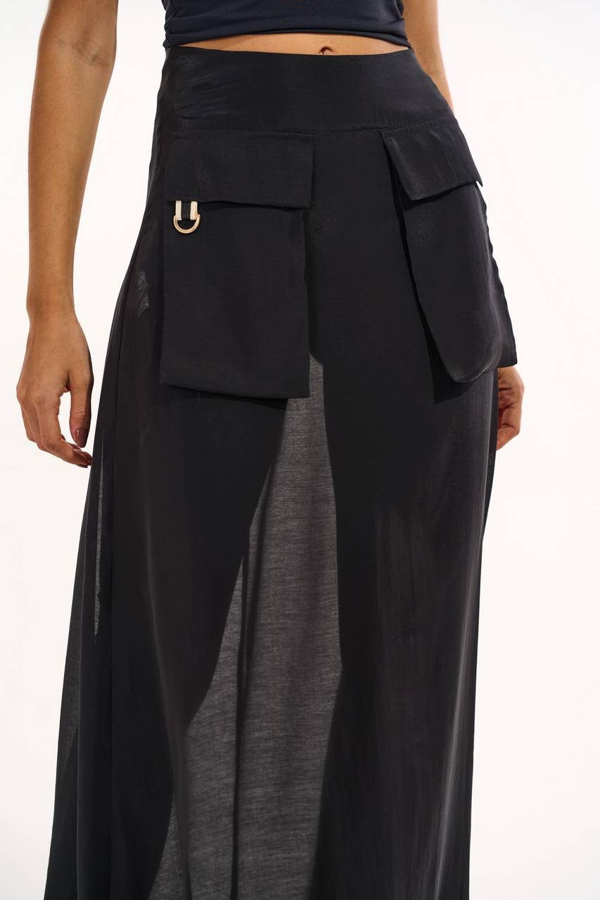 Saia Maxi Midi Leve Transparência Com Bolso Cargo - Preto SAI0053PTO