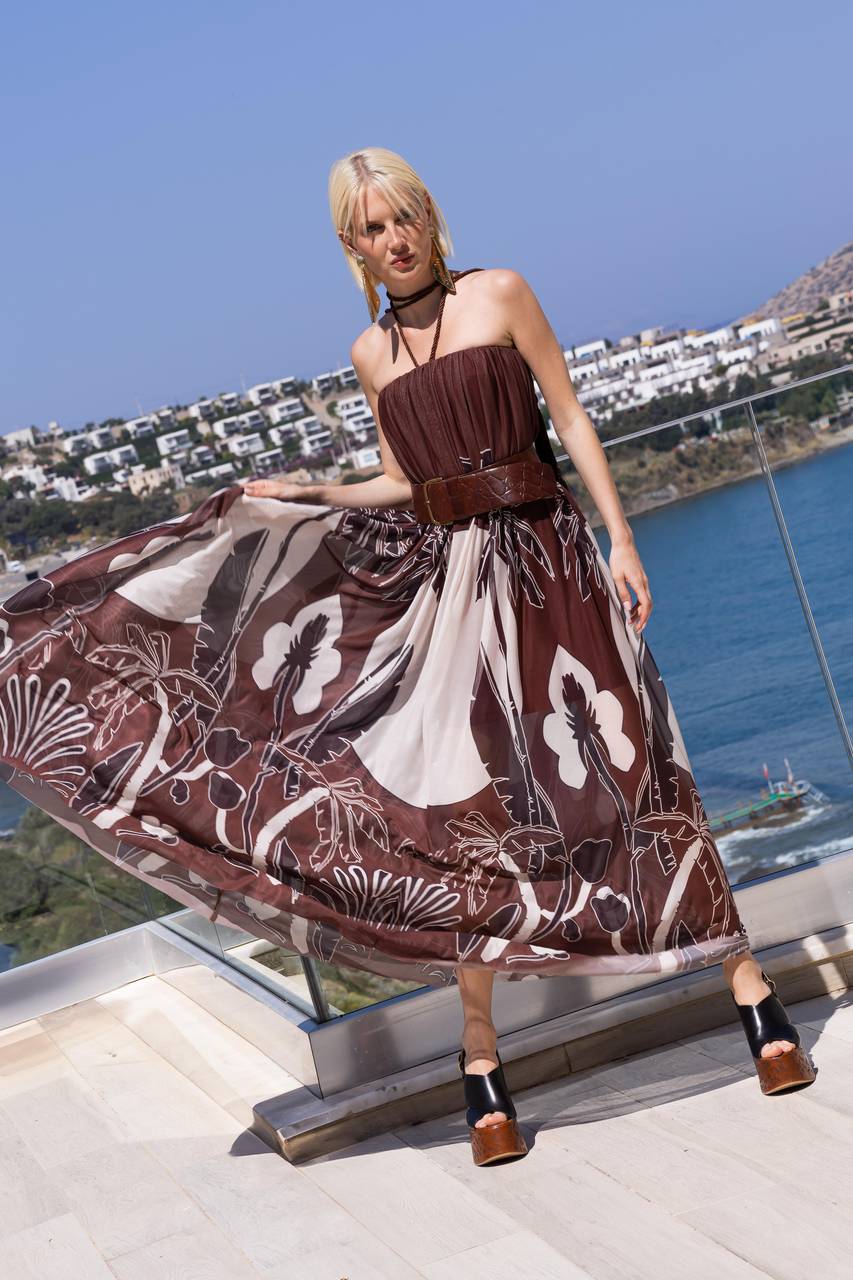 Vestido Tqc Franzido Tule - Estampa Palm VES2035