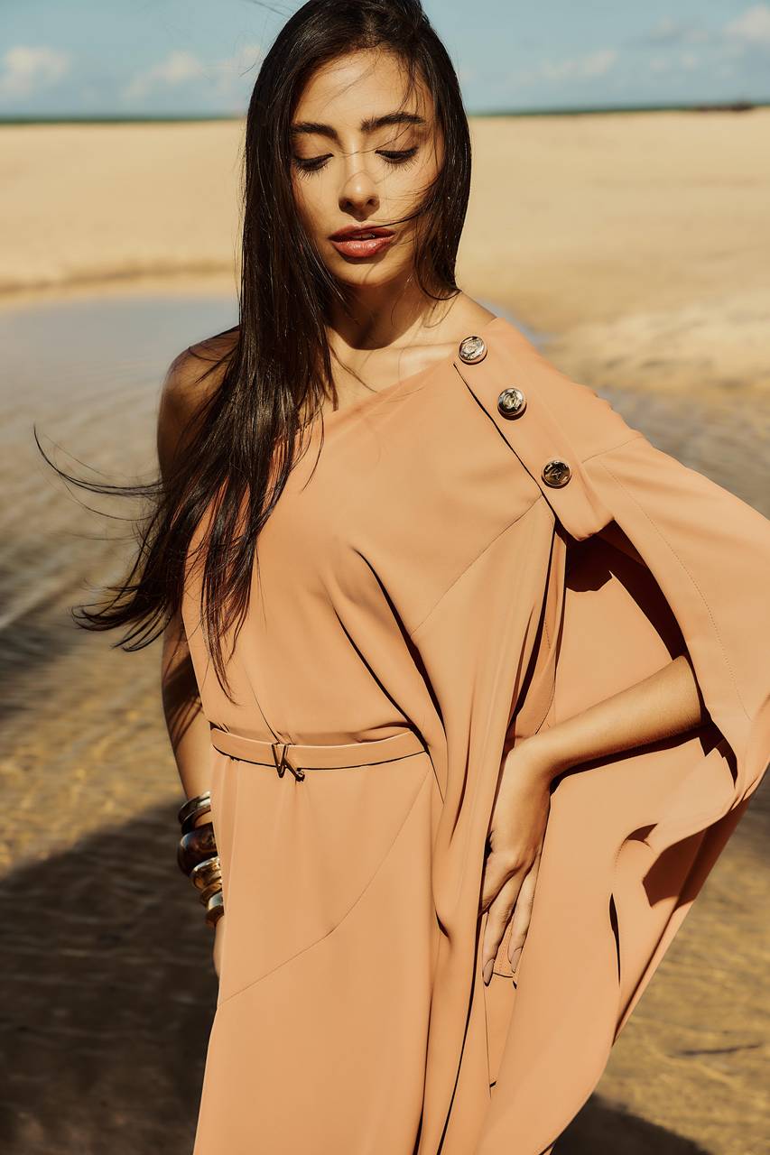 Vestido Ombro Só Manga Farta Envelope - Nude VES0023NUD