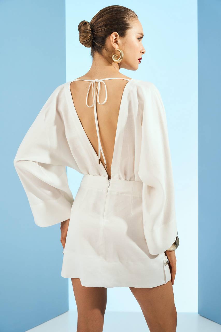 Vestido Curto Manga Solta Busto Fenda - Off White VES0052OFF