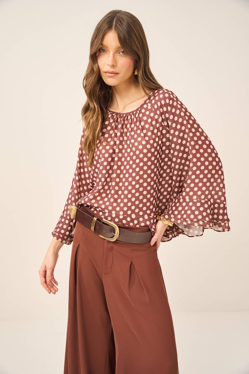 Blusa Bata Estampa Chiffon - Poá Marrom BLU0004POA