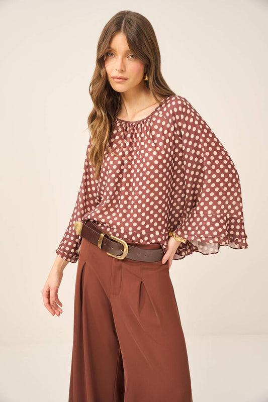 Blusa Bata Estampa Chiffon - Poá Marrom BLU0004POA