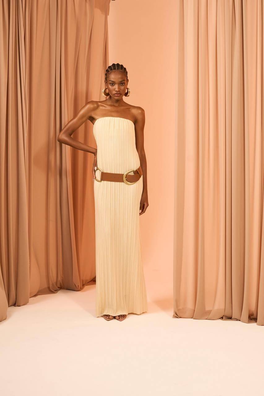 Vestido Longuete Malha Plissê - Manteiga VES2018MAN