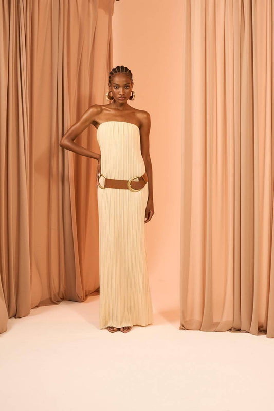 Vestido Longuete Malha Plissê - Manteiga VES2018MAN