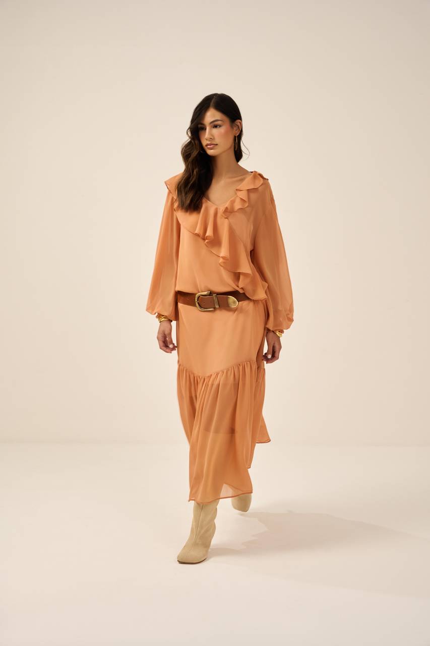 Vestido Chifon Boho Maxi Midi - Caramelo VES0001PELE