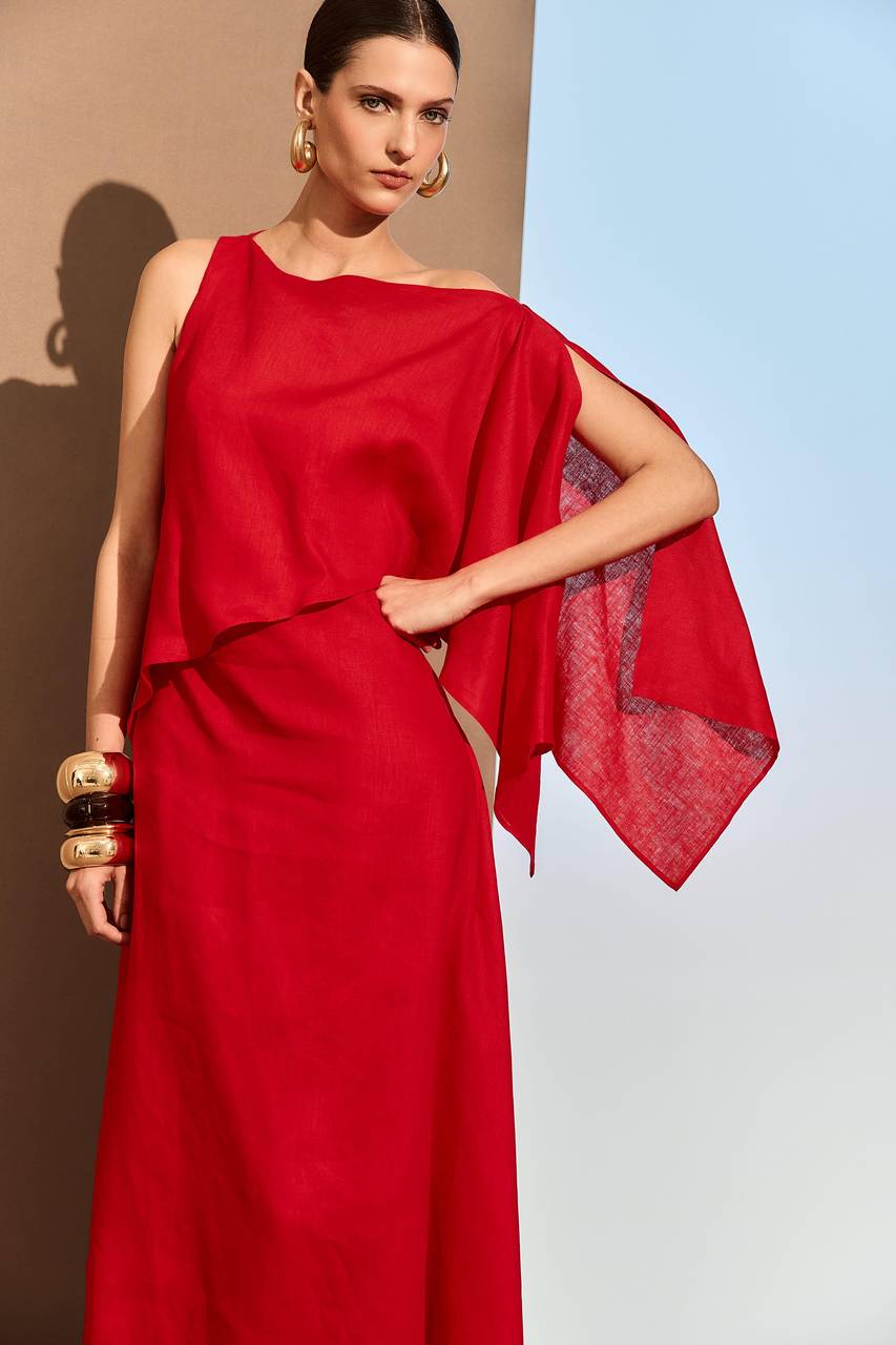 Vestido Midi Linho Assimétrico - Vermelho VES0040-VEM