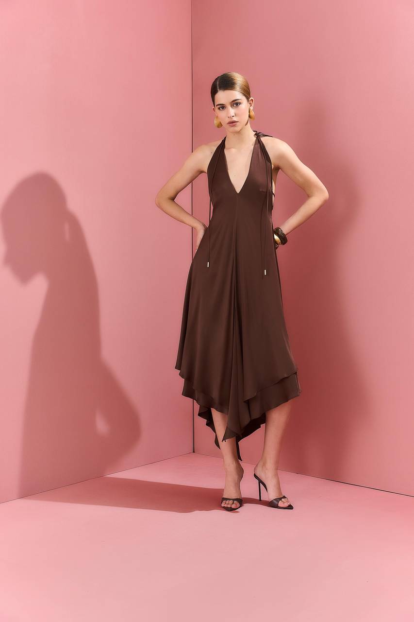 Vestido Decote V Longuete C/ Pontas - Marrom VES0048MRO