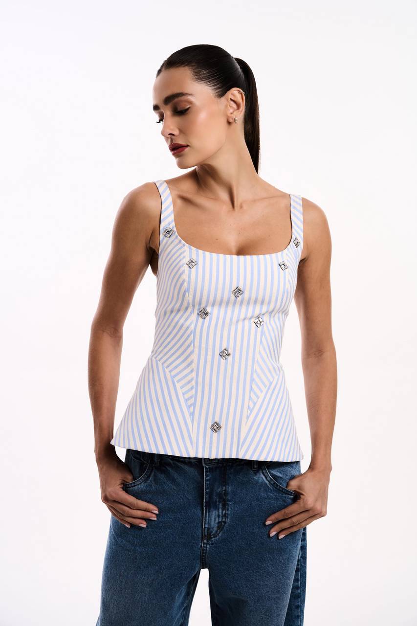 Top Corselet Bordado - Off/azul TOP2046OFF/AZ
