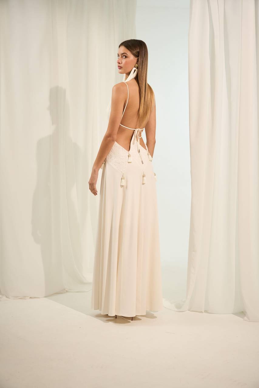 Vestido Longo Aplicação Cintura - Off White VES2003OFF