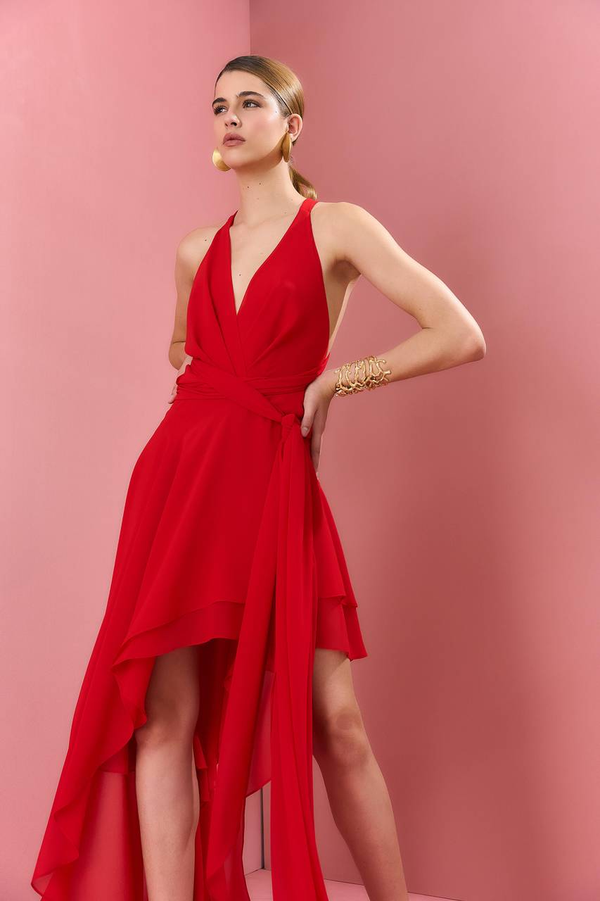 Vestido Assimétrico Maxi Amarração No Pescoço - Vermelho VES0059-VEM