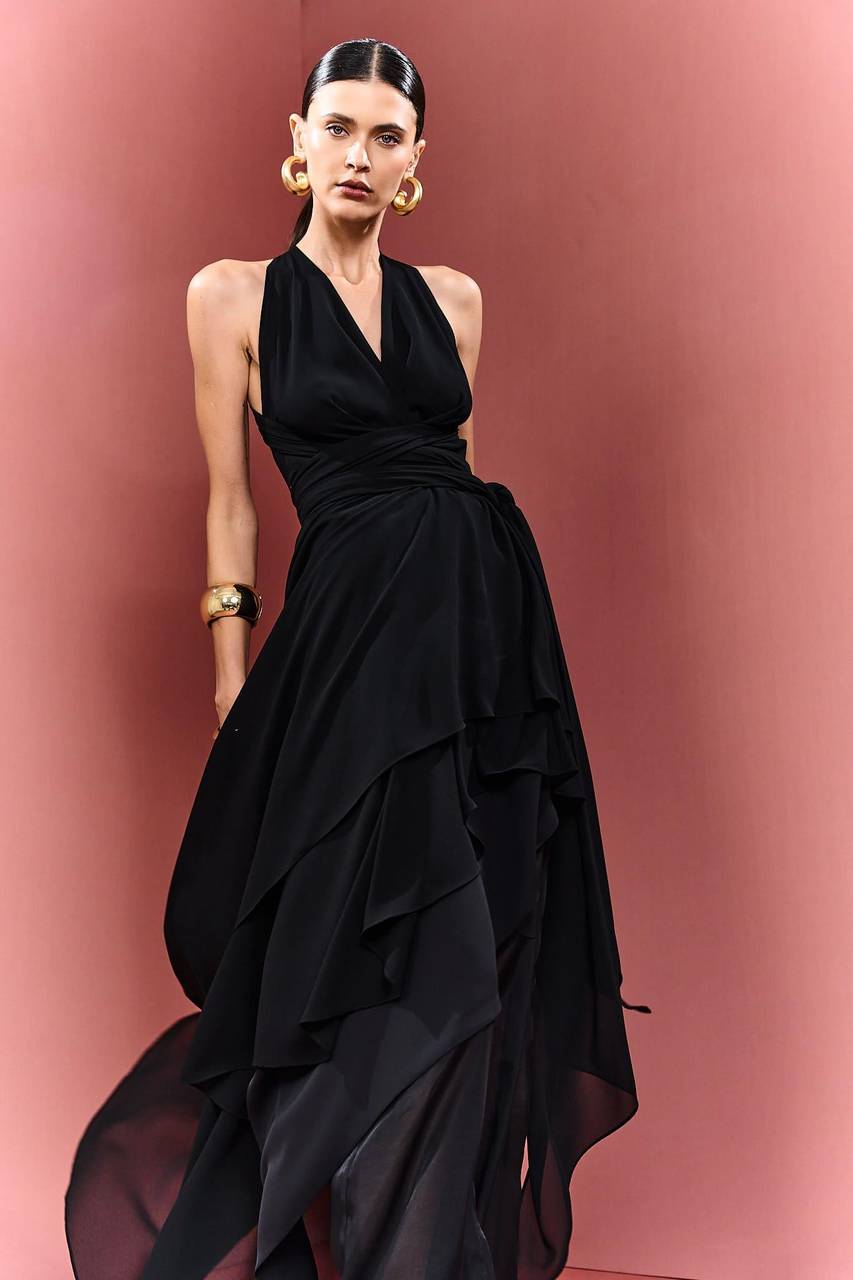 Vestido Assimétrico Maxi Amarração No Pescoço - Preto VES0059PTO