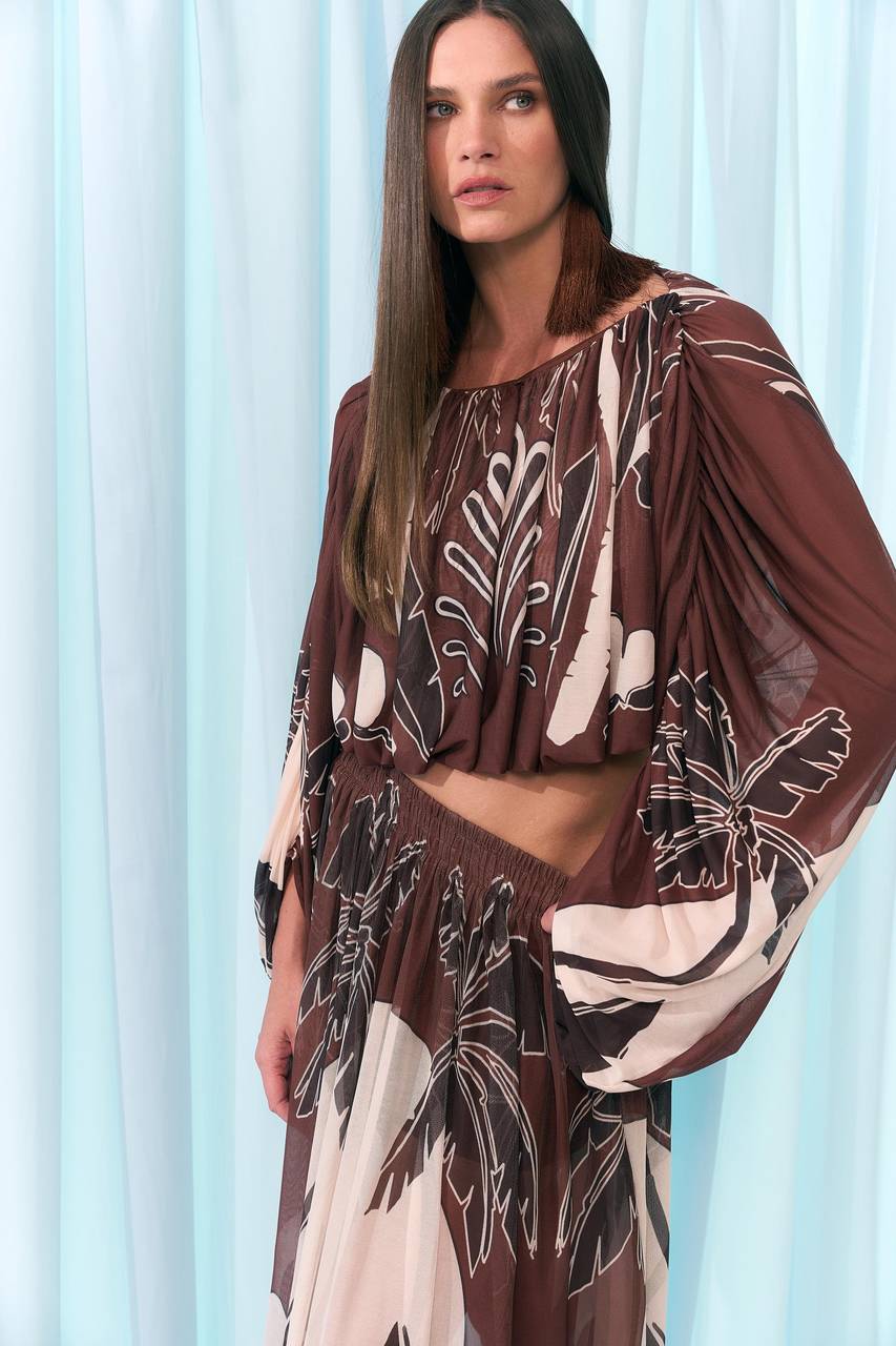 Blusa Tule Manga Farta Estampa Palm - BLU2022