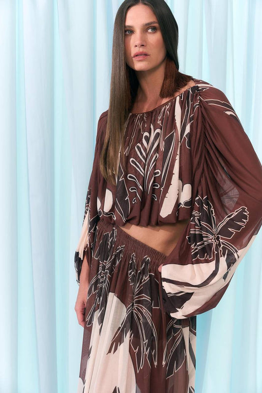 Blusa Tule Manga Farta Estampa Palm - BLU2022