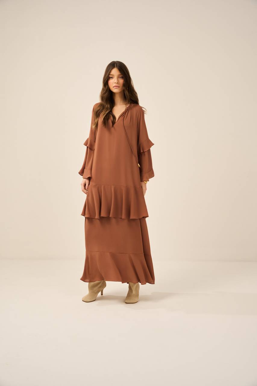 Vestido Boho Babados - Marrom VES0007MRO