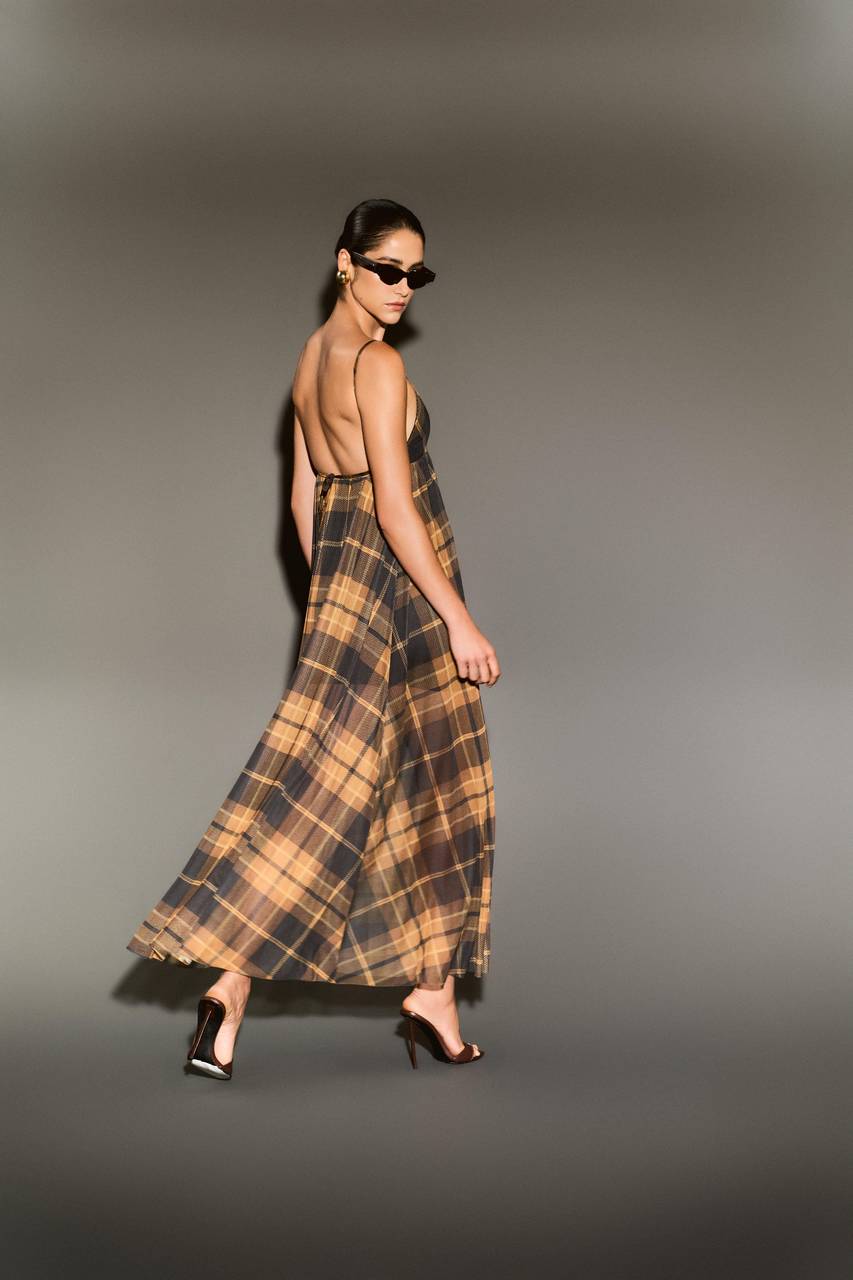 Vestido Todo Drapeado Em Tule - Xadrez Camel VES0079XDZ