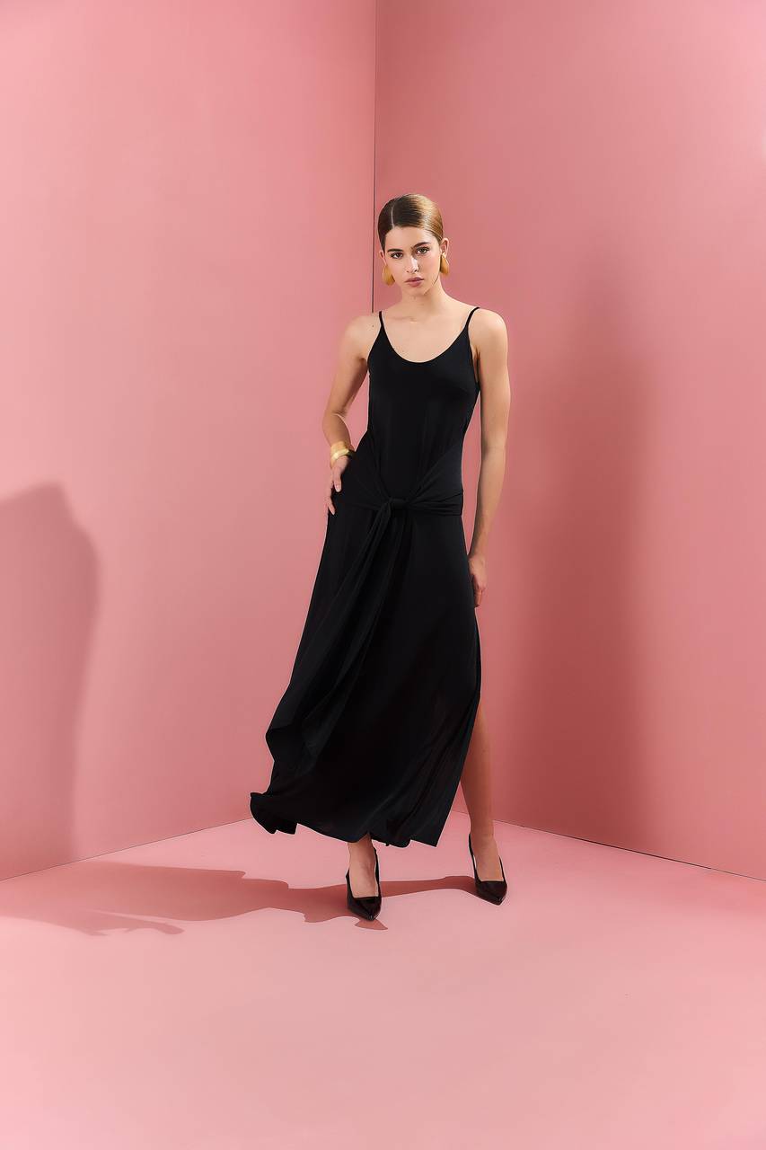 Vestido Longo Jersey Com Amarração - Preto VES0042PTO
