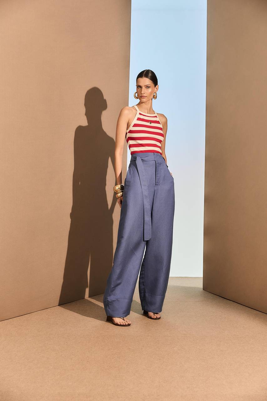 Calça Pantalona Linho Pregas Costas - Azul Denin CAL0062AZ DEN