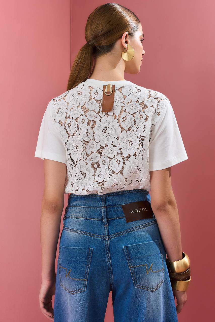 T Shirt Costas Em Renda - Off White BLU0072OFF