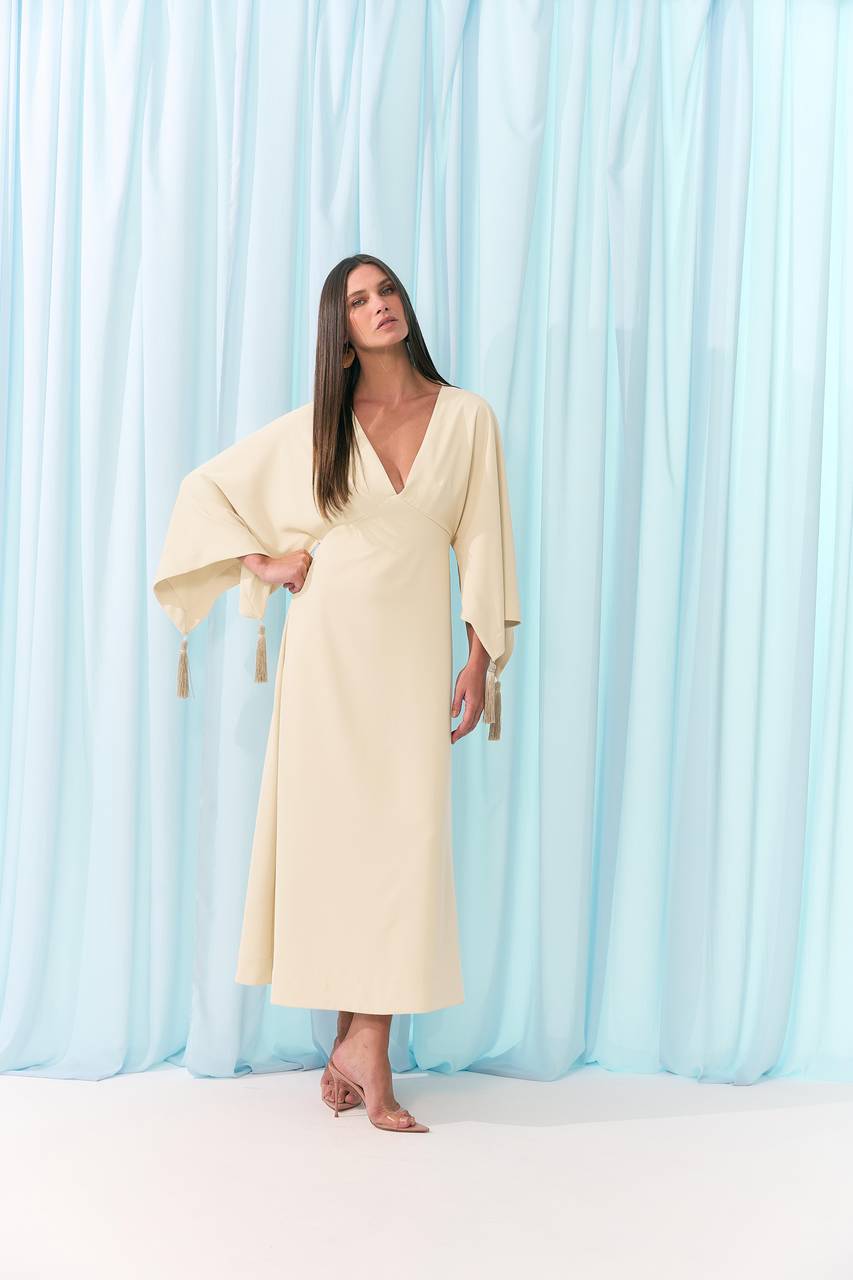 Vestido Longuete Manga Farta Tencel - Bege VES2015BEG