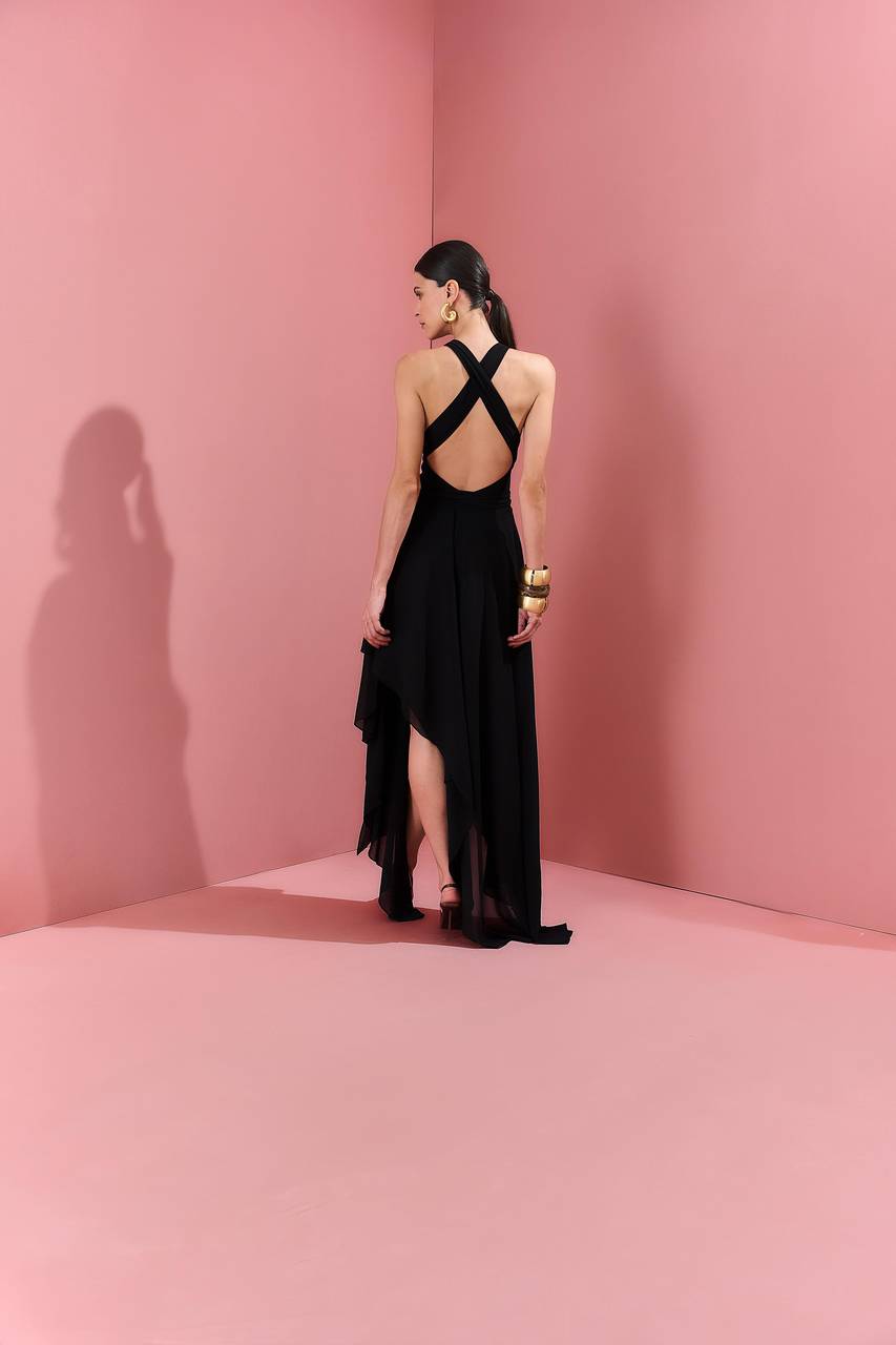 Vestido Assimétrico Maxi Amarração No Pescoço - Preto VES0059PTO