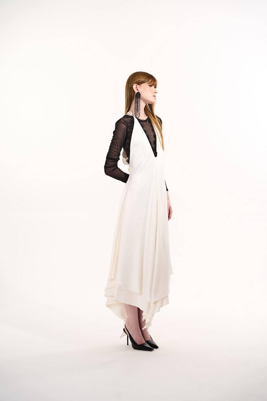 Vestido Decote V Longuete Detalhe Renda - Off White VES0128OFF