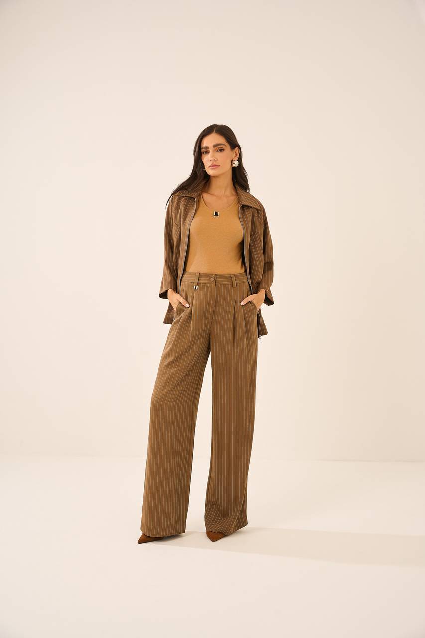 Calça Pantalona Risca De Giz - Caramelo CAL0030PELE