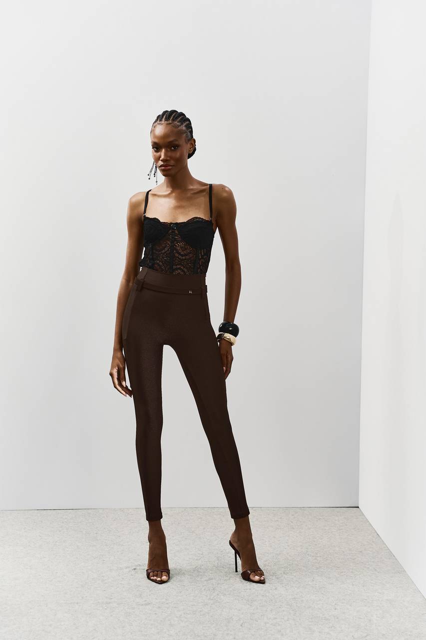 Calça Justa Poliamida Com Cinto - Marrom CAL0121MRO