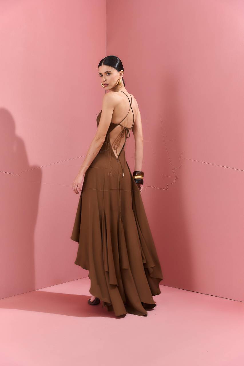 Vestido Alça Longuete Saia Recortes - Marrom VES0035MRO