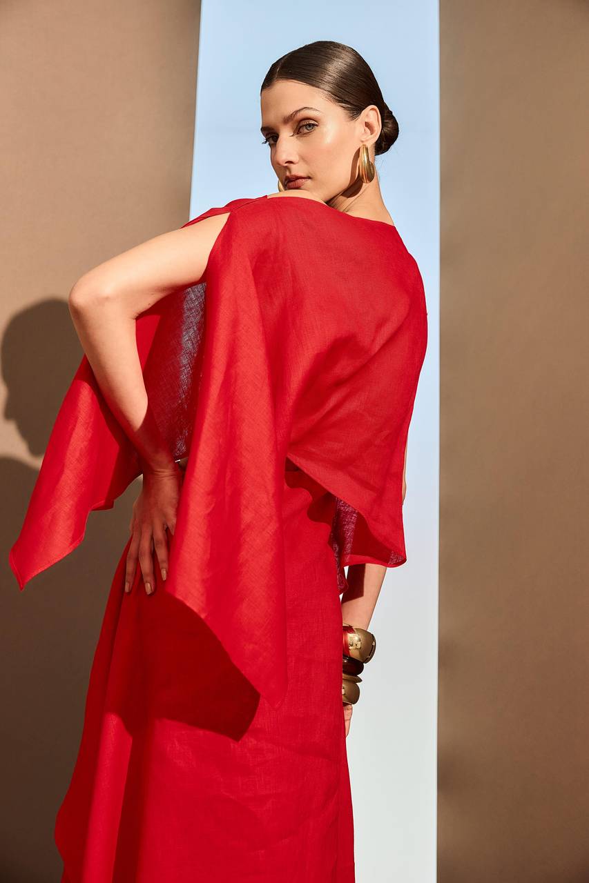Vestido Midi Linho Assimétrico - Vermelho VES0040-VEM