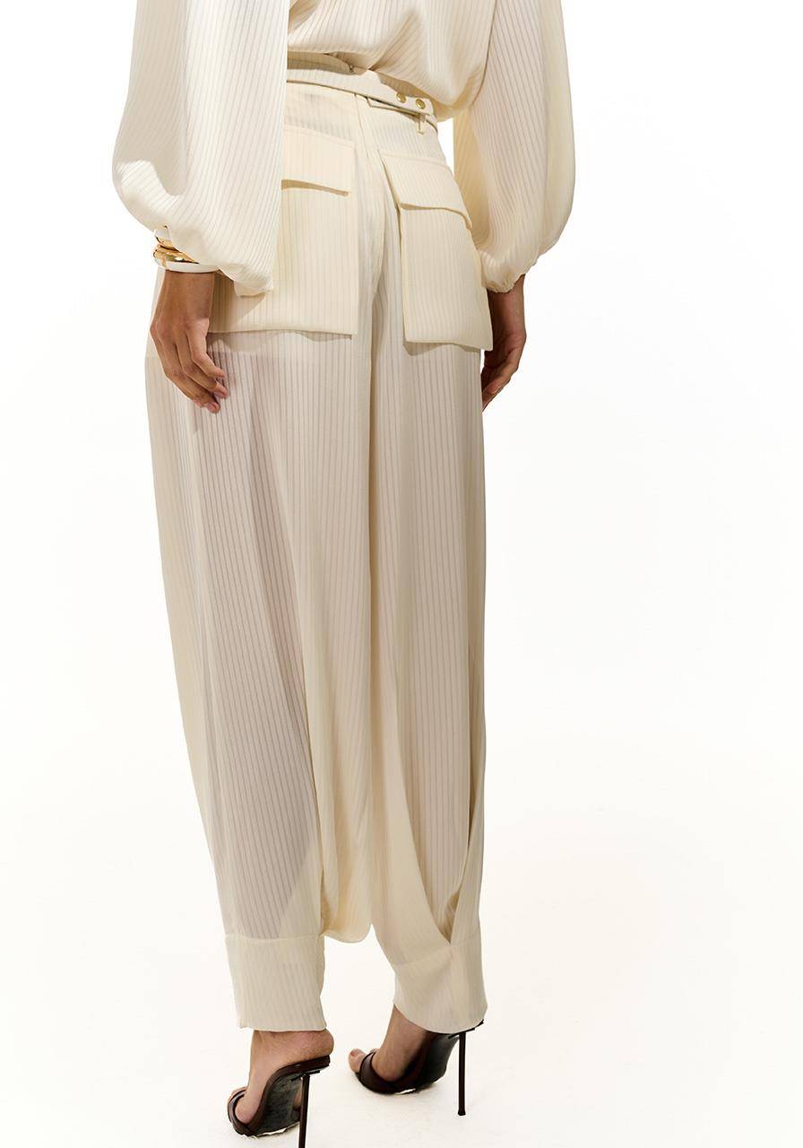 Calça Prega Fluida Listra Com Cinto - Off White CAL0182OFF