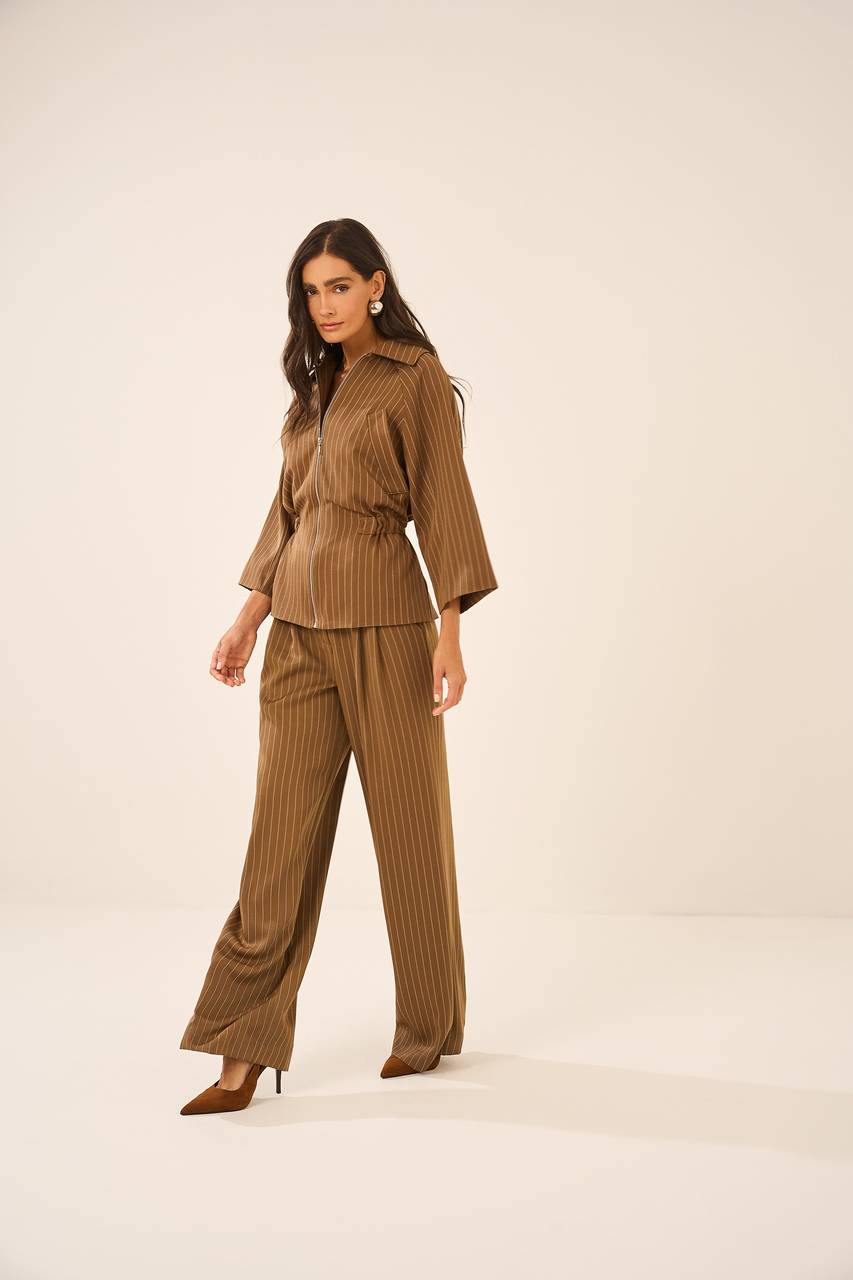 Calça Pantalona Risca De Giz - Caramelo CAL0030PELE