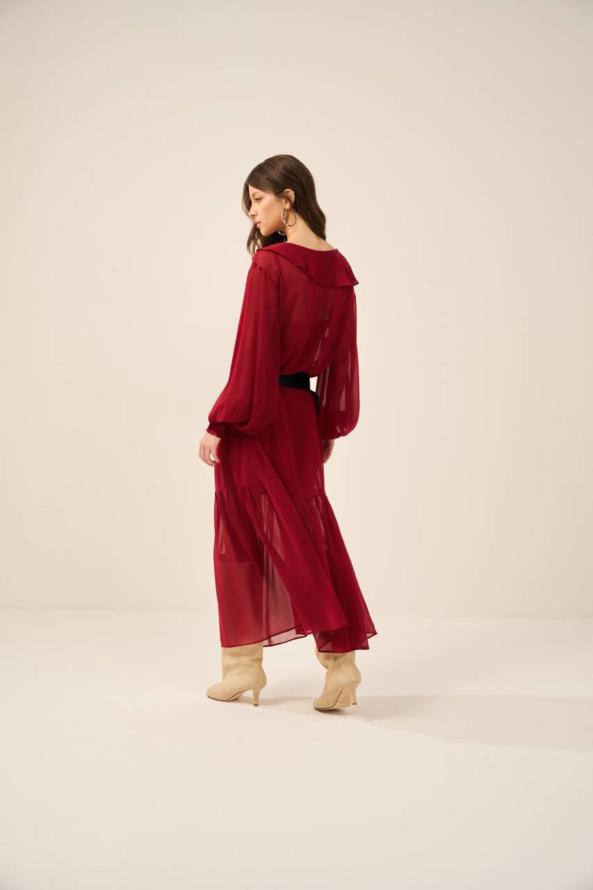 Vestido Chifon Boho Maxi Midi - Vinho VES0001VIN