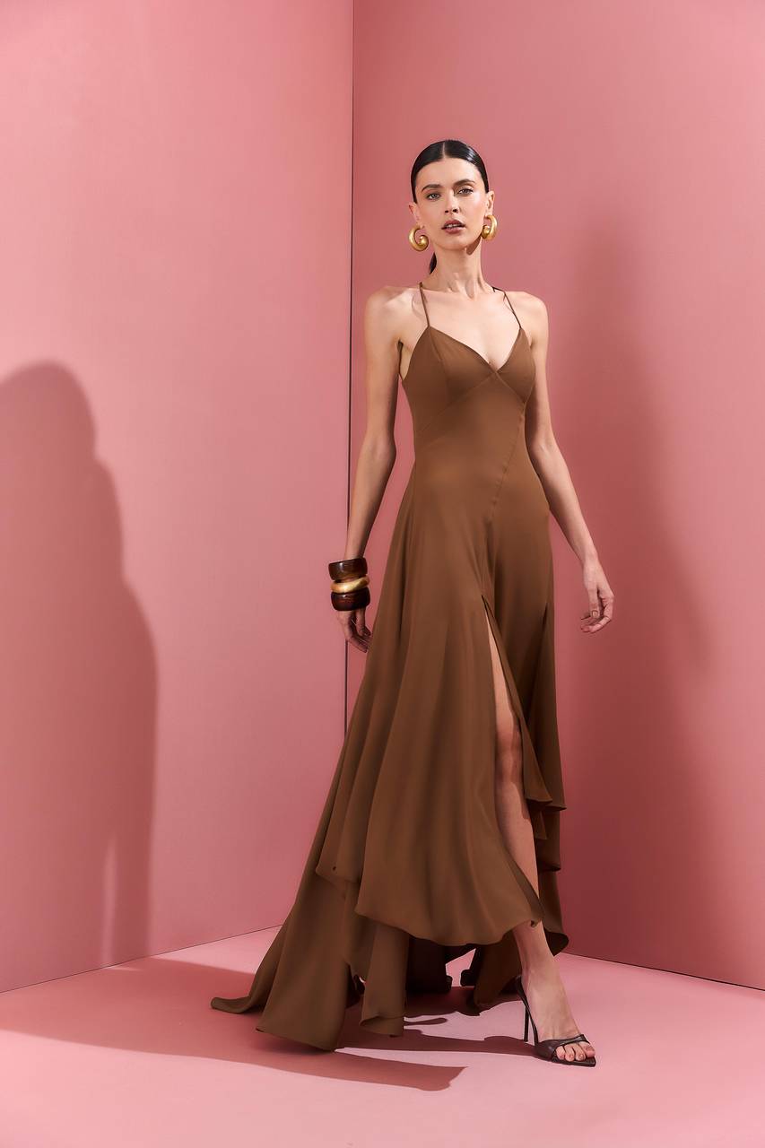 Vestido Alça Longuete Saia Recortes - Marrom VES0035MRO