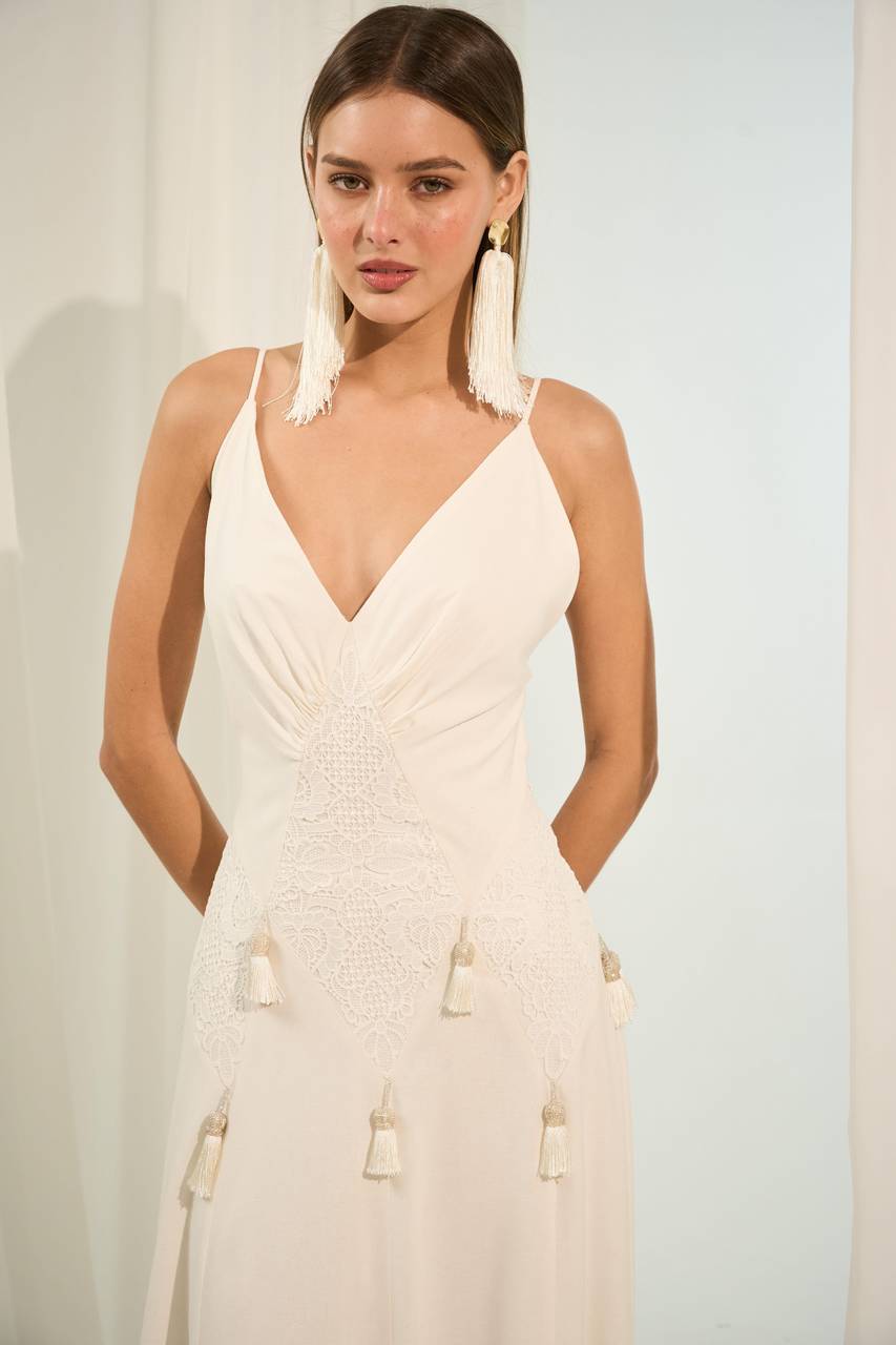 Vestido Longo Aplicação Cintura - Off White VES2003OFF