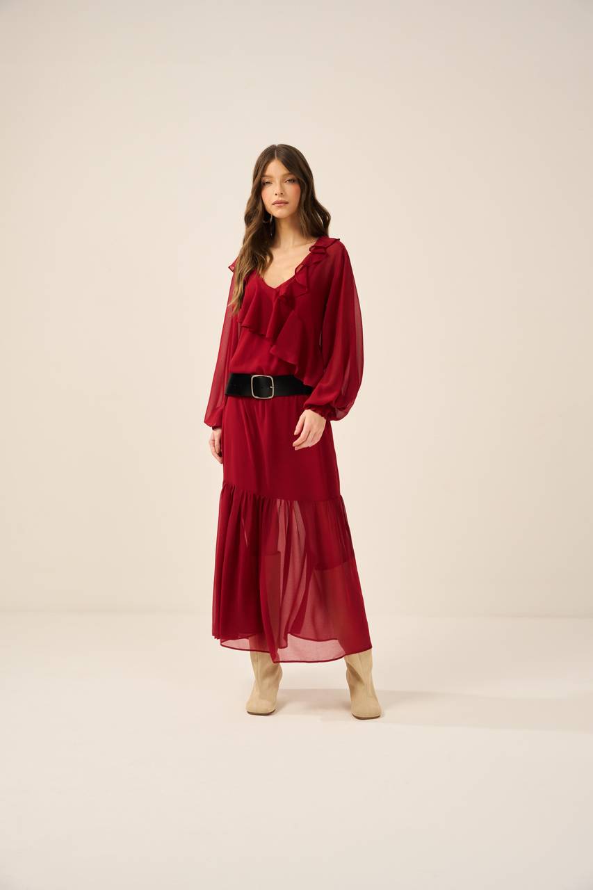 Vestido Chifon Boho Maxi Midi - Vinho VES0001VIN