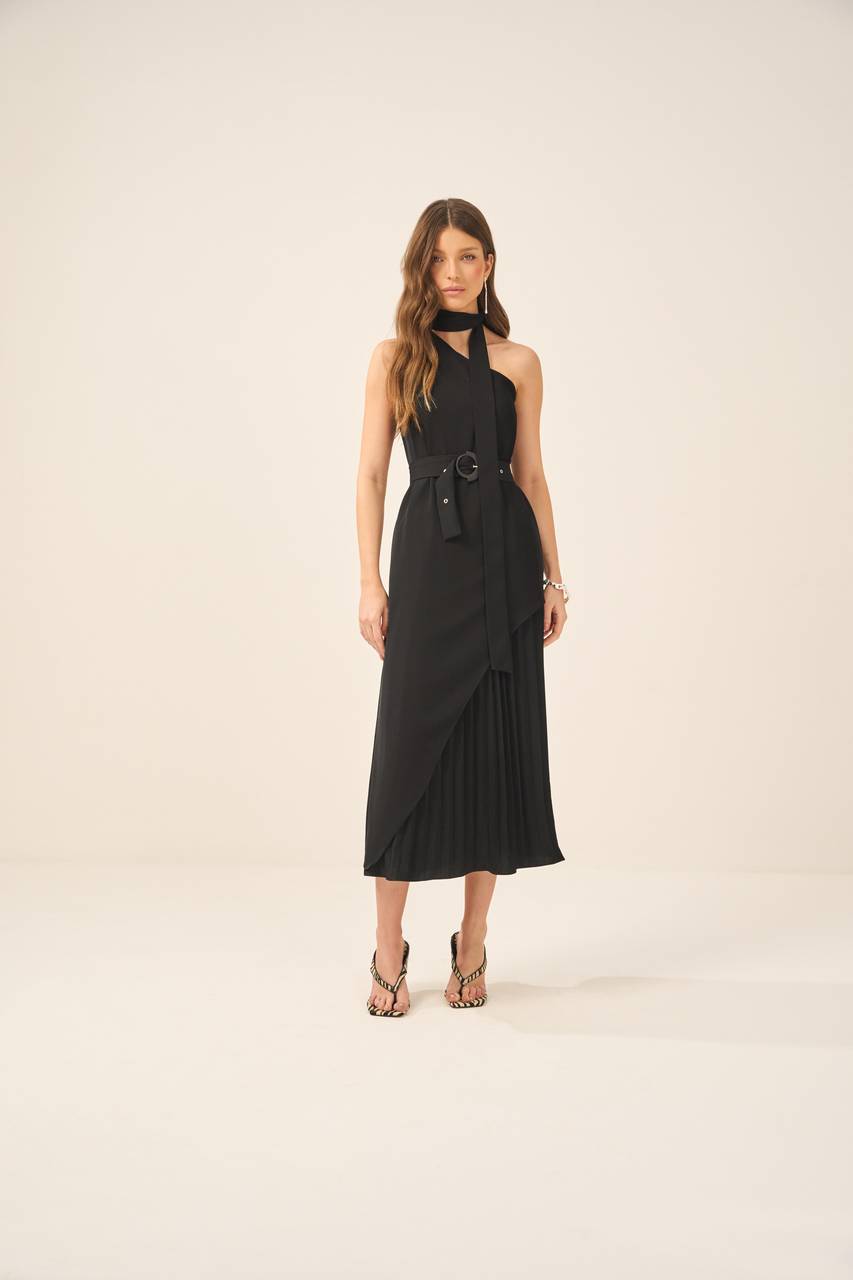 Vestido Crepe Fenda Plissado - Preto VES0006PTO