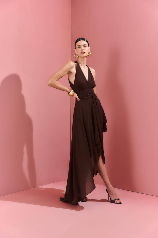 Vestido Assimétrico Maxi Amarração No Pescoço - Marrom VES0059MRO